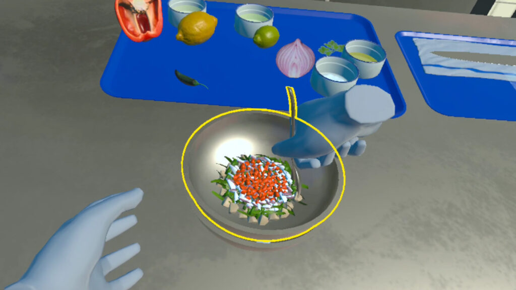 A screengrab from VR Cooking Training showing the user mixing the ingredients in Scallop Ceviche