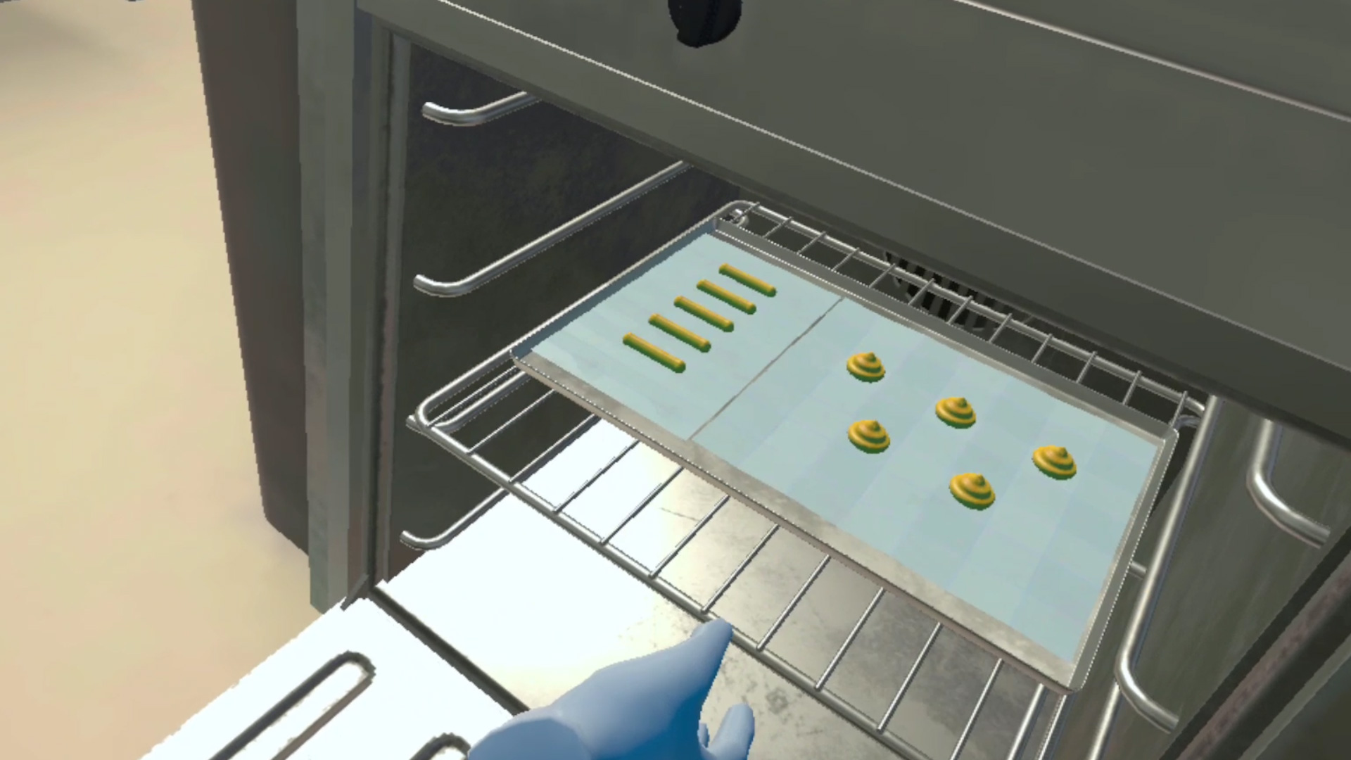 A screengrab from the VR Cooking Training showing the user putting profiteroles and eclairs in to the oven