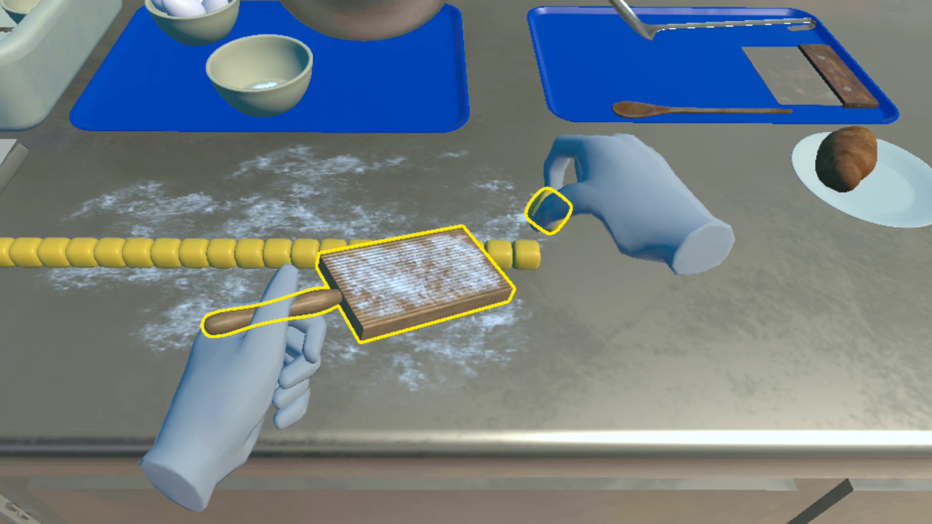 A screengrab of the VR Cooking Training showing the user putting gnocchi dough on to the gnocchi board