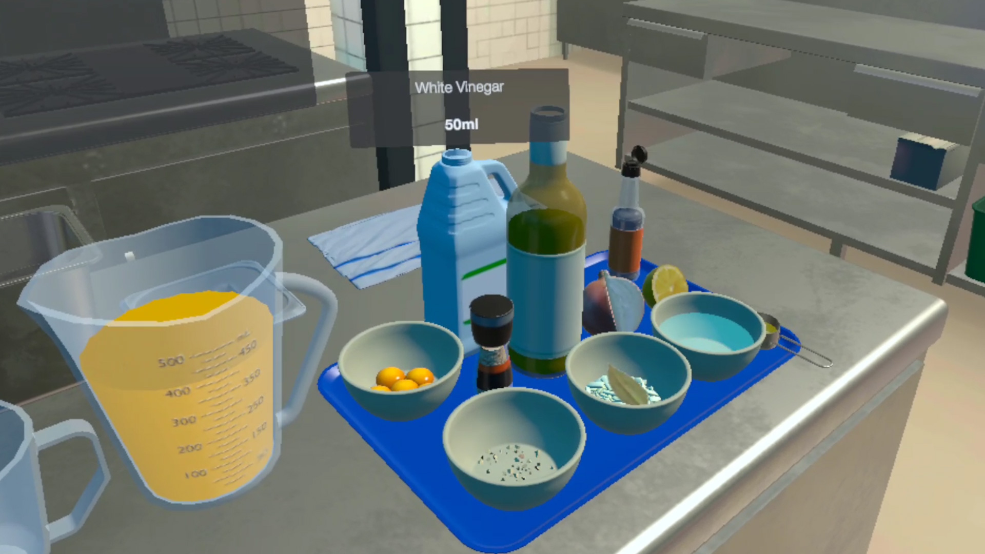 A screengrab of the VR Cooking Training showing the label for the White vinegar appearing above the ingredient
