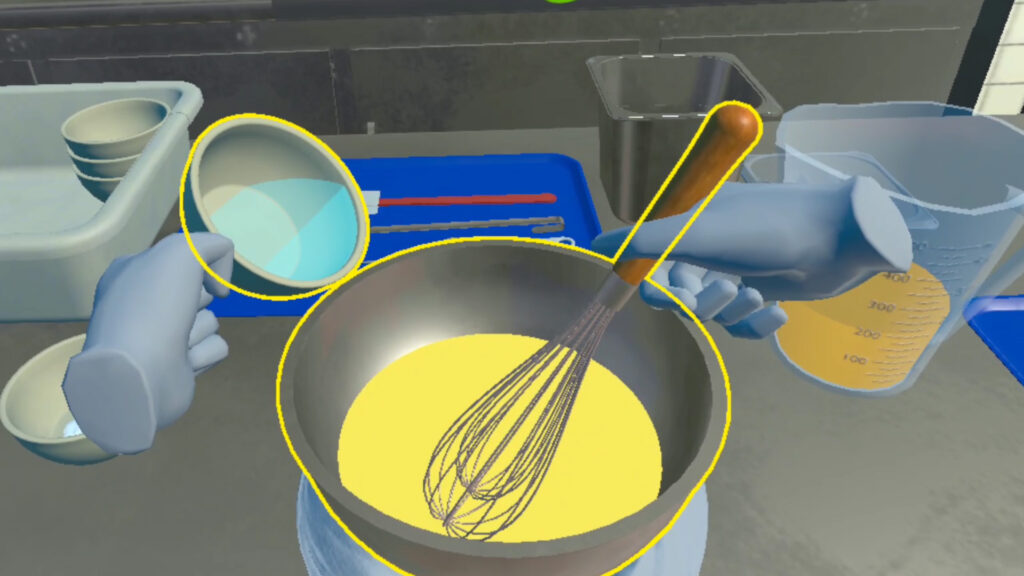 Screengrab from the VR Cooking training of pouring water in to Hollandaise sauce while whisking