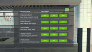 The recipe options in the VR Cooking training, showing Hollandaise Sauce, Potato Gnocchi, Choux Pastry, Scallop Ceviche and Pastry Cream