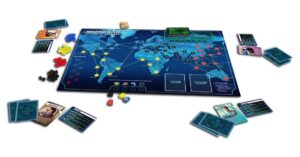 Pandemic Game board with cards, tokens and all items spread around the board