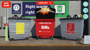 A screenshot from the Northern version of the Biffa game of a Bin being given the wrong item