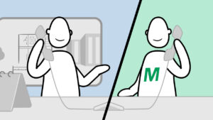 A still from a 2D animation showing two people talking over the phone