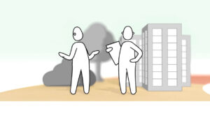 A still from the Modulek animation showing 2 2D people talking in front of a 3D environment