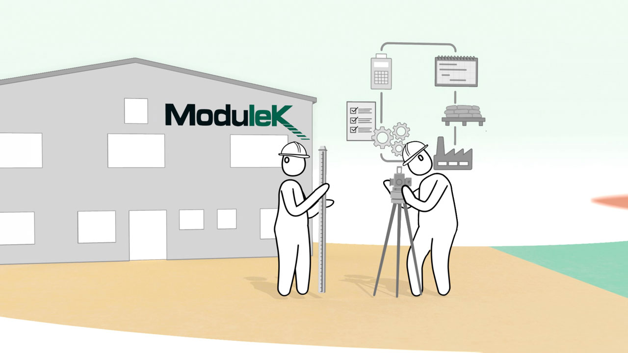A still from the Modulek animation showing two people with measuring equipment