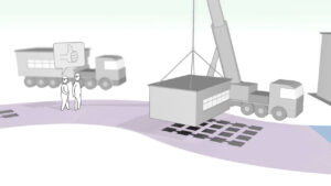 A still from the Modulek animation showing a building module being placed on foundations