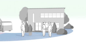 A still from the Modulek animation showing two people shaking hands in front of a finished building