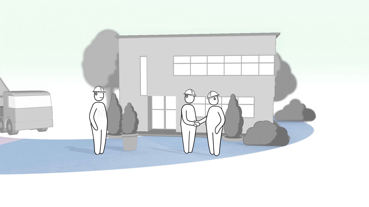 A still from the Modulek animation showing two people shaking hands in front of a finished building
