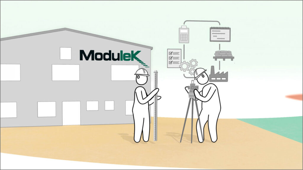A still from the Modulek animation showing two contractors with measuring equipment
