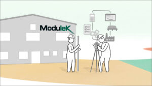 A still from the Modulek animation showing two contractors with measuring equipment