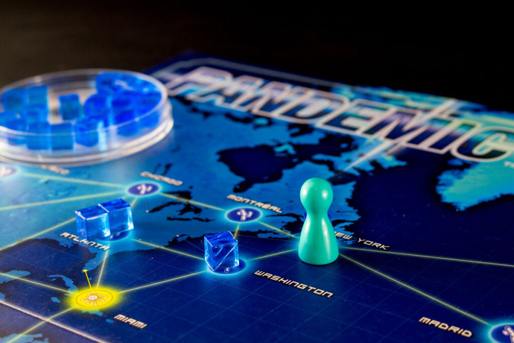 A closeup of the Pandemic board game