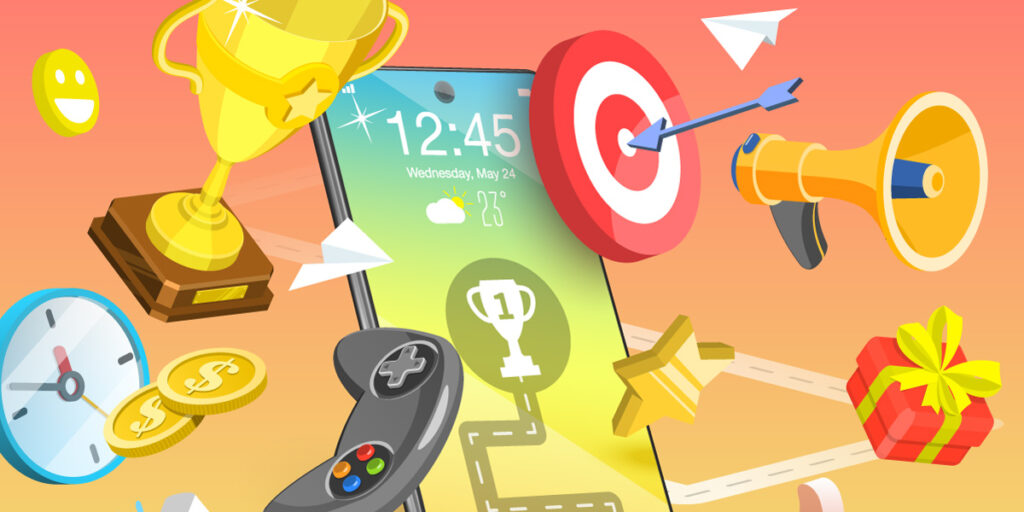 Colourful graphic showing various gamification icons and a smartphone against an orange background