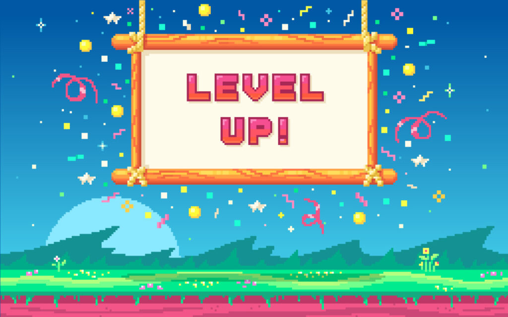 A brightly coloured pixel art landscape with a banner saying 'Level Up!' surrounded by confetti