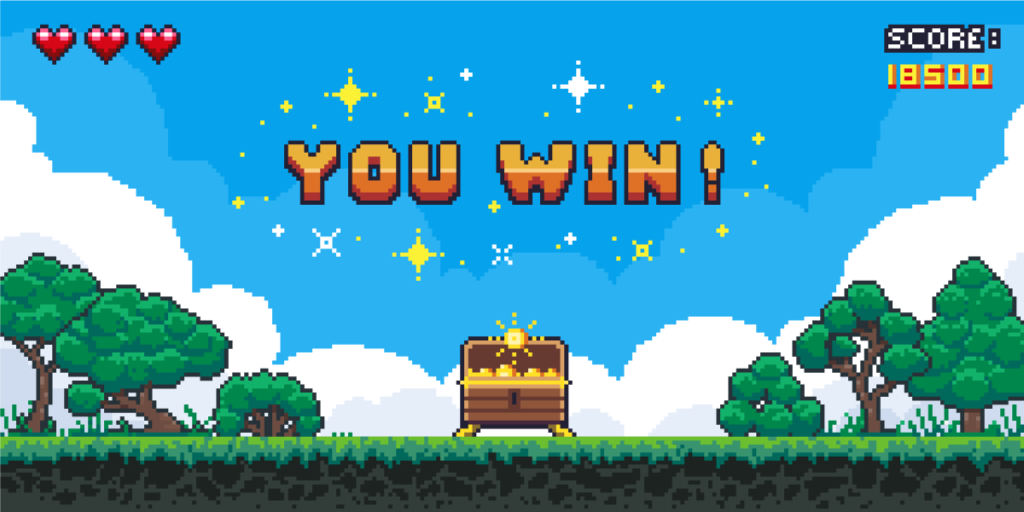 A pixel art game scene showing the text 'You Win!' above an open treasure chest, with full in game lives and the score in the top corners