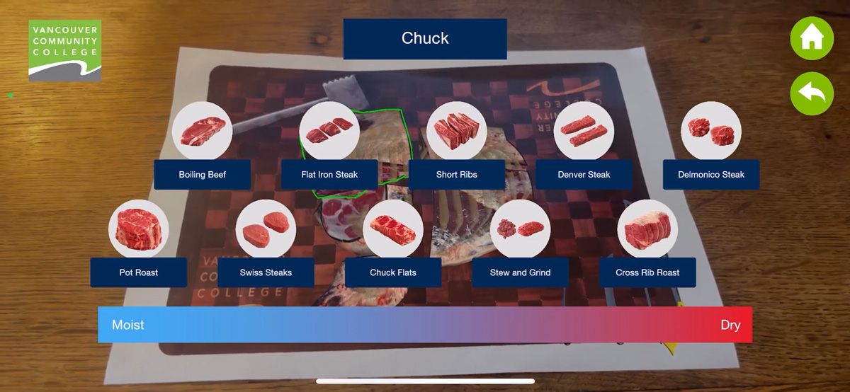 Screenshot form our AR Butchery app showing all of the secondary cuts that come from the Chuck above a scale from Moist to Dry to indicate their cooking method, with the Home button and back button on the top right of the screen
