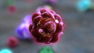 A still from a 3D animated mechanism of action animation, a purple cell of some sort