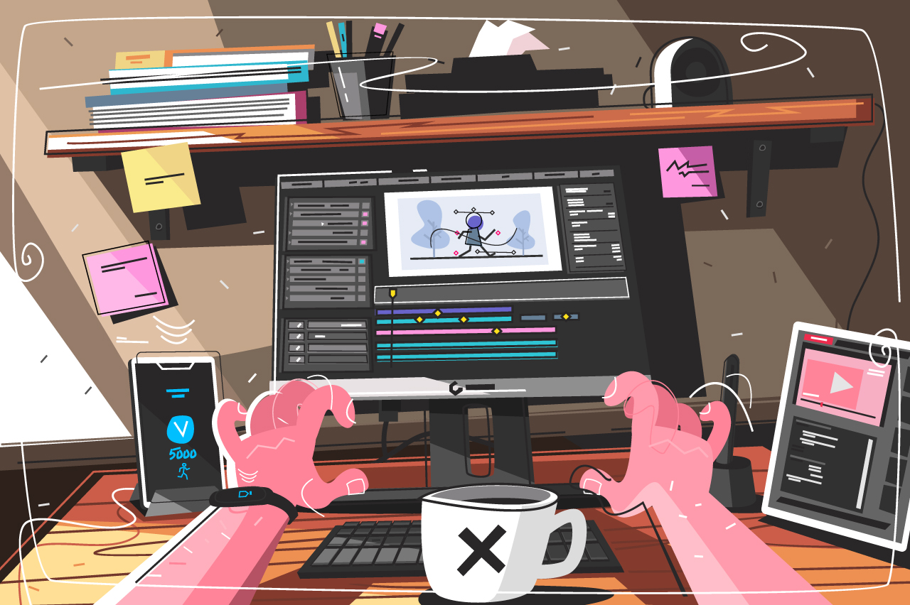 An illustration from a point of view perspective of someone sat at their desk and creating an animation