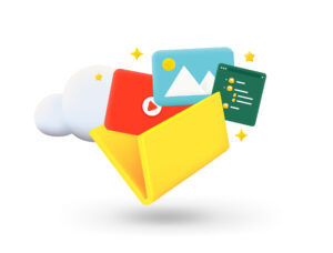 A digitally drawn folder with three icons coming out of the folder, one red with a 'play' symbol, one showing some mountains and the other showing a filing system