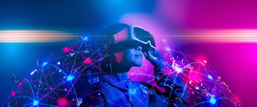 A person wearing a VR headset set amongst a graphic of interconnected lines and dots which connect buildings in a cityscape