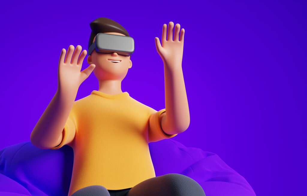 A 3d cartoon illustration of a person in a yellow shirt and VR goggles engaging with virtual content