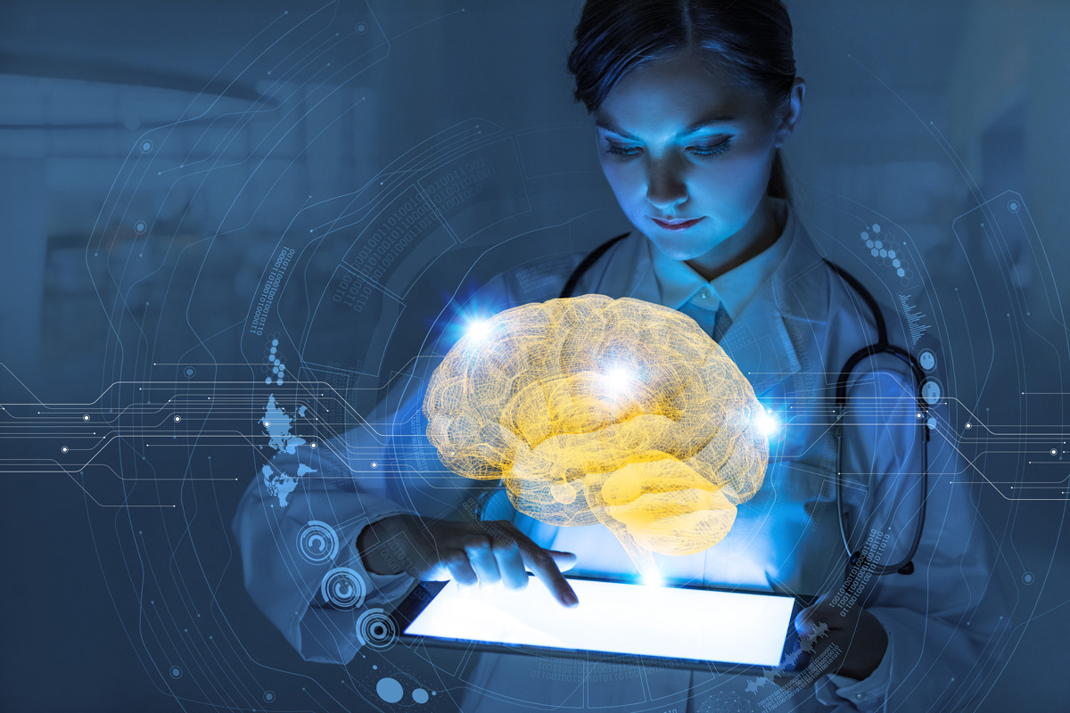 A medical professional in a lab coat holding a tablet that emits a glowing illustration of a brain overlaid with icons, AI learning in healthcare.