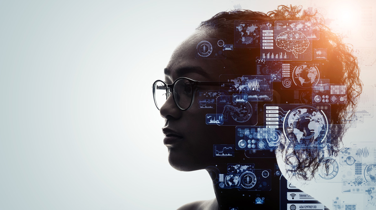 Soft silhouette of a woman's profile overlaid with various digital and technological icons, symbolizing the integration of advanced learning and AI.