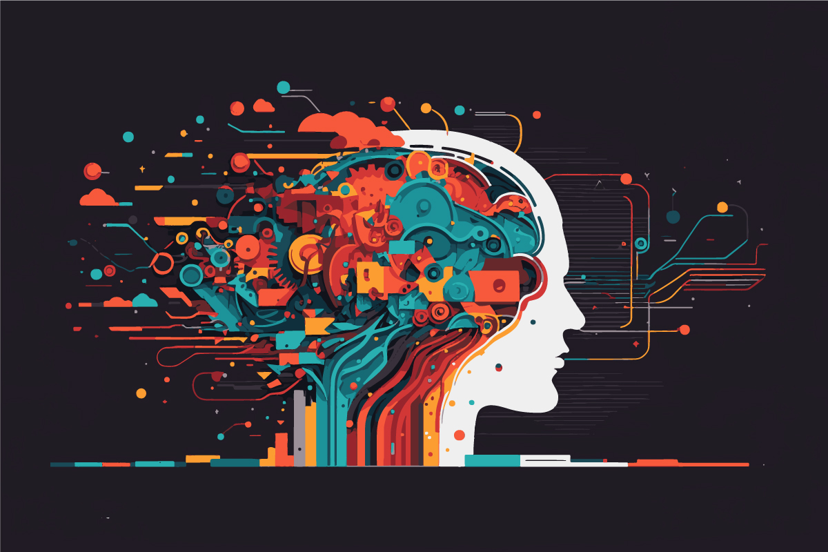 An stylised representation of a human head in profile, merging with a vibrant and complex array of mechanical and abstract elements that suggest a high-tech cognitive process. The image uses a dark background with splashes of red, blue, orange, and teal to evoke a sense of learning intelligence.