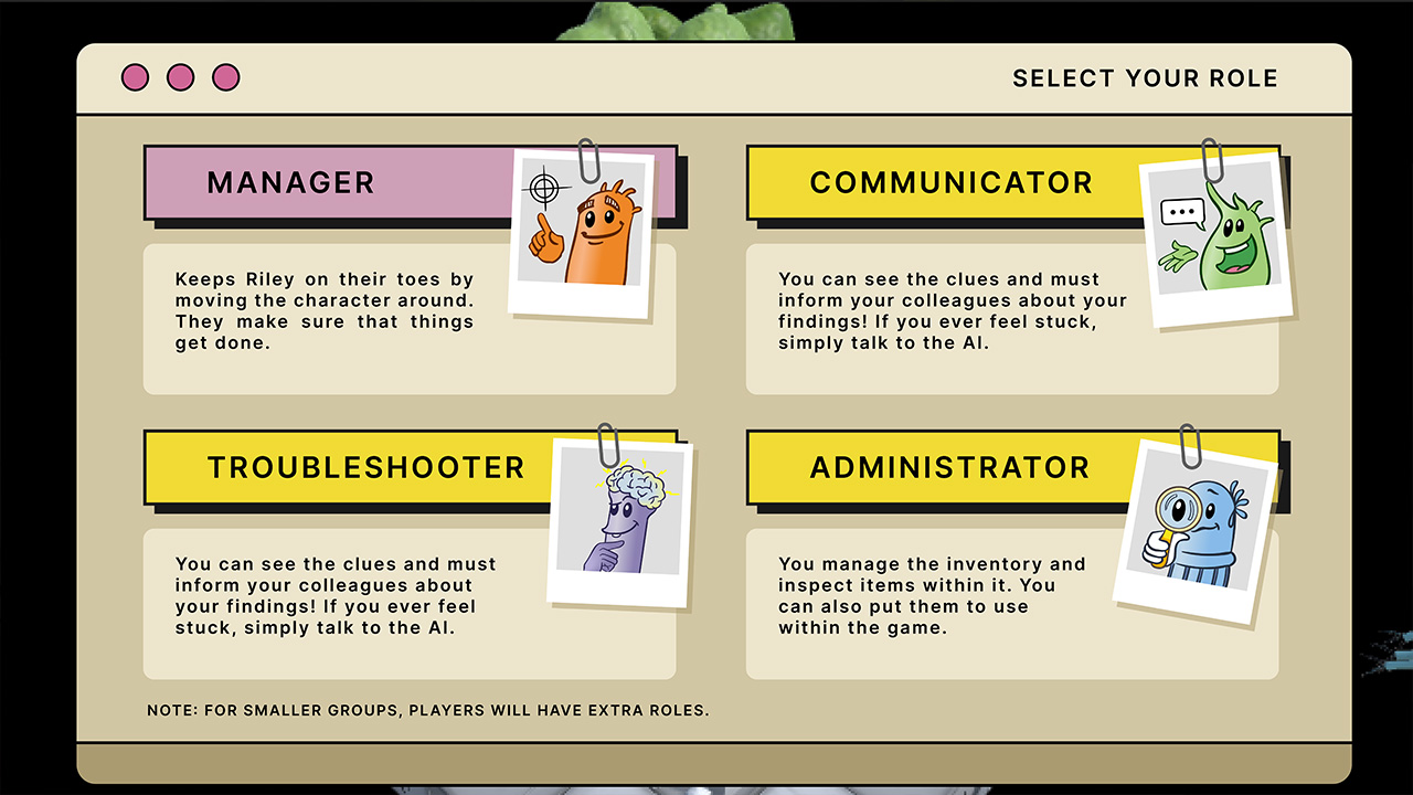 Interface screen from a game titled 'SELECT YOUR ROLE' with four different player roles. A note at the bottom says 'For smaller groups, players will have extra roles.'