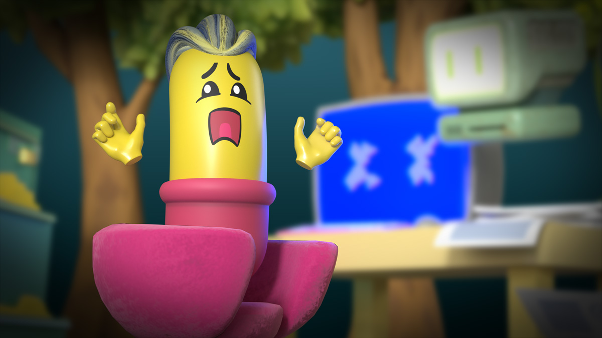Close-up of a concerned animated character with a distressed expression, hands raised, sitting on a pink velvet chair. The background is blurred but shows a computer monitor with graphics and a digital face.