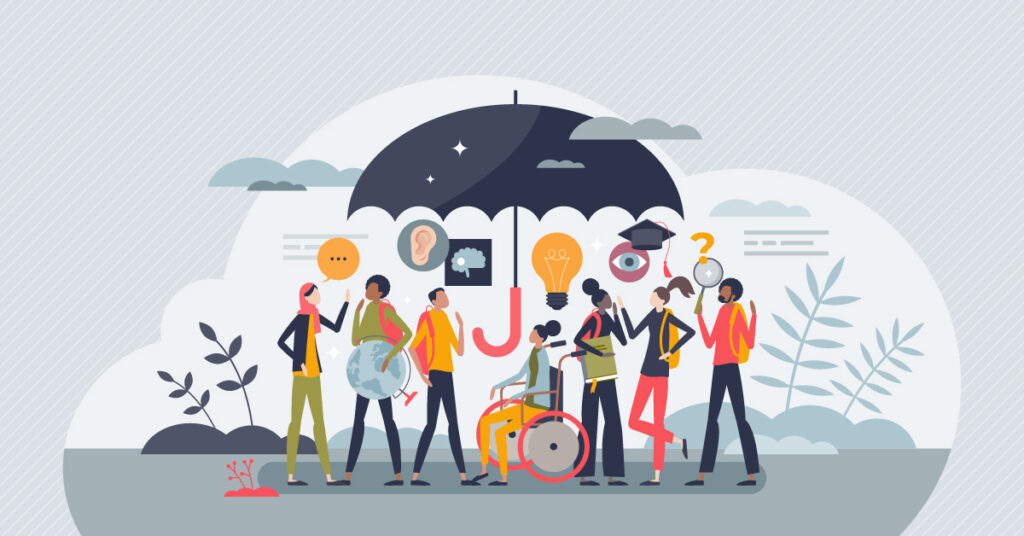 An illustration of an inclusive group of people standing together under a large umbrella. It includes individuals of different genders, races, and abilities, including a person using a wheelchair. Above them are various symbols representing ideas, communication, learning, and questioning, suggesting a theme of inclusive learning.