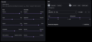 A user interface in Inworld AI for customising a character's personality and voice. On the left side, various sliders allow adjustments for mood and personality traits. On the right side, the voice customisation section provides options to select the character's gender (Masculine, Feminine, Androgynous) and age (Youthful, Older, Middle-aged). A dropdown menu offers different voice options, with "Masculine - US - Alex" selected. There are sliders to adjust the pitch and talking speed of the voice. An integration option for ElevenLabs is also present, along with a button to add an API key.