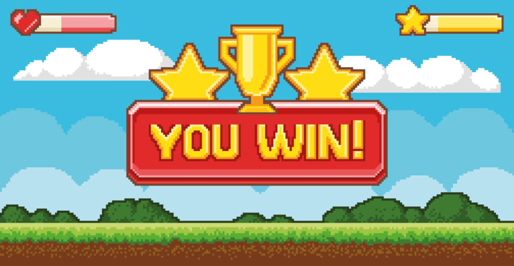 A retro-style video game screen with a 'You Win!' message displayed. The screen features a golden trophy and three stars above the message, indicating victory. The background shows a blue sky with white clouds and green foliage along the bottom. There are two status bars at the top corners, one showing a heart icon and the other a star icon.