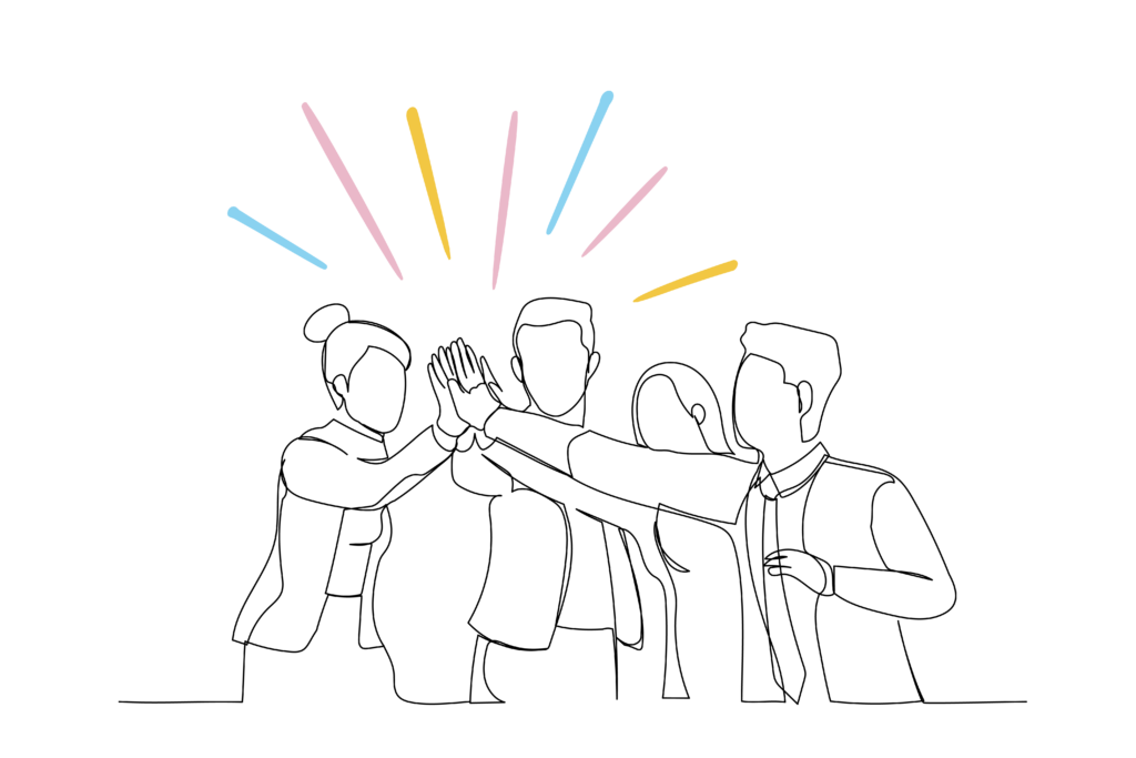 Lines drawing of employees high-five-ing radiating excitement