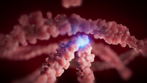 3D-rendered visualisation of a molecular structure, with a glowing blue interaction site against a dark red background.
