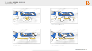 Storyboard for a gnocchi cooking recipe, illustrating step-by-step instructions with hand-drawn visuals of rolling dough, using a table scraper, and cutting pieces.