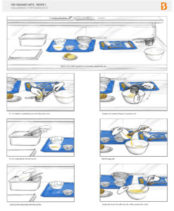 Storyboard for a VR culinary arts recipe, illustrating step-by-step instructions for preparing gnocchi, including ingredient setup, potato ricing, and mixing with egg yolk.