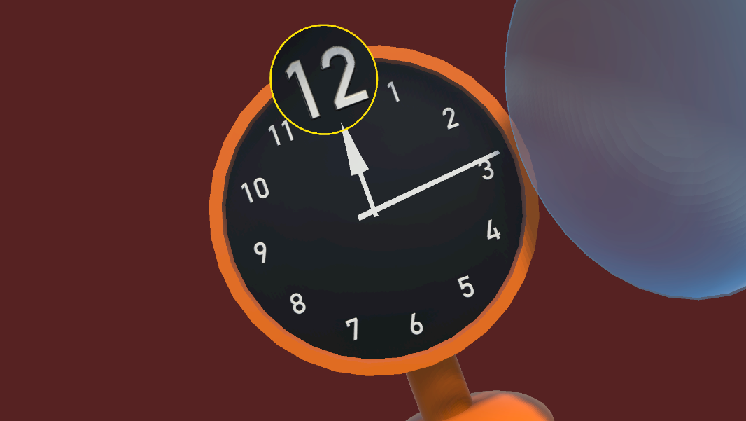 An orange alarm clock, with number twelve magnified