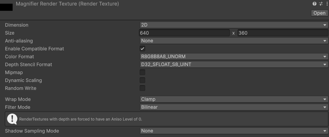 Unity editor showing settings for a 640x360 render texture named "Magnifier Render Texture" with depth, no anti-aliasing, and bilinear filtering.