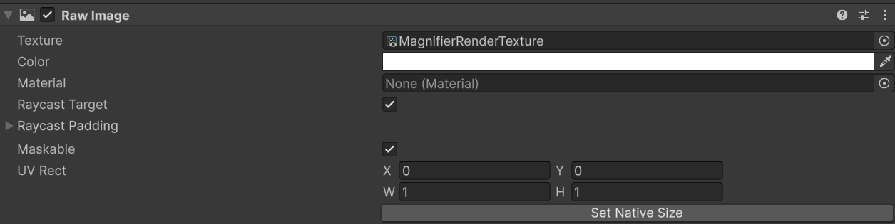 Unity editor showing a Raw Image UI component using "MagnifierRenderTexture" as its texture with default UV and colour settings.