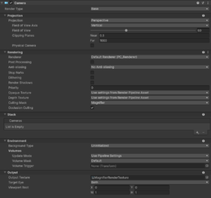 Unity editor showing camera settings configured to render to a texture named "MagnifierRenderTexture."