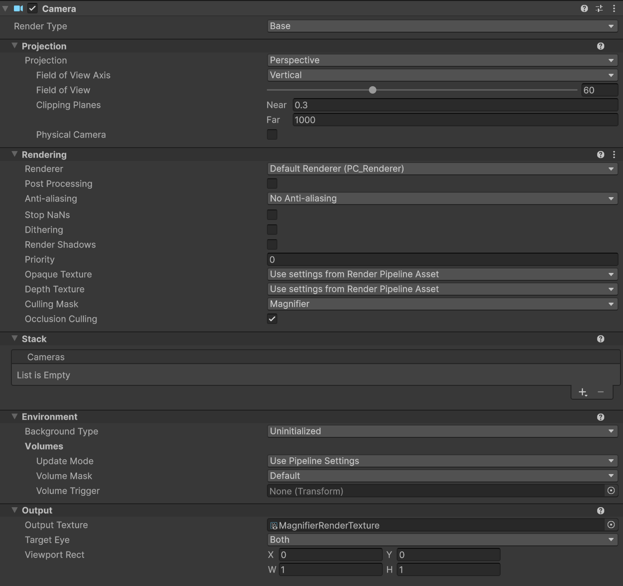 Unity editor showing camera settings configured to render to a texture named "MagnifierRenderTexture."