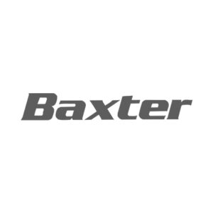 Grayscale logo of Baxter: the word “BAXTER” in uppercase italic sans-serif type with a short horizontal bar beneath.