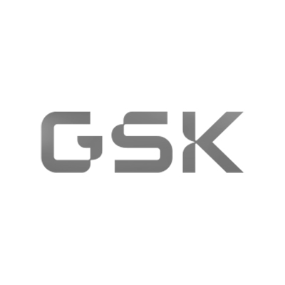 Grayscale logo of GSK featuring the uppercase letters “GSK” in bold sans-serif type with a slight forward slant.