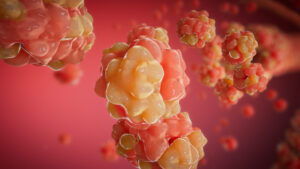 3D medical animation visual showing protein molecule structures in a red cellular environment – created by Sliced Bread Animation.