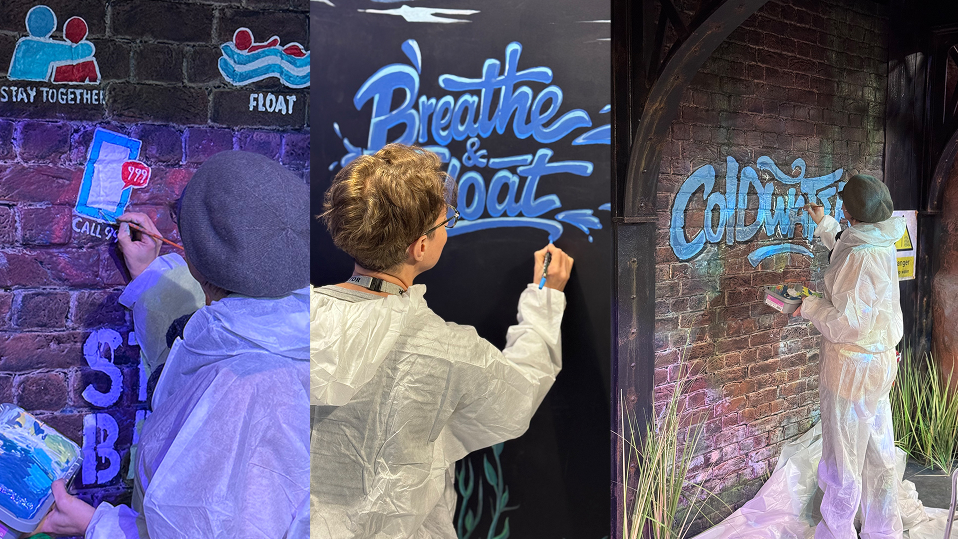 Graffiti-style wall artwork in a water safety themed environment featuring bold, colourful lettering and urban textures, used as a backdrop for an interactive learning installation.