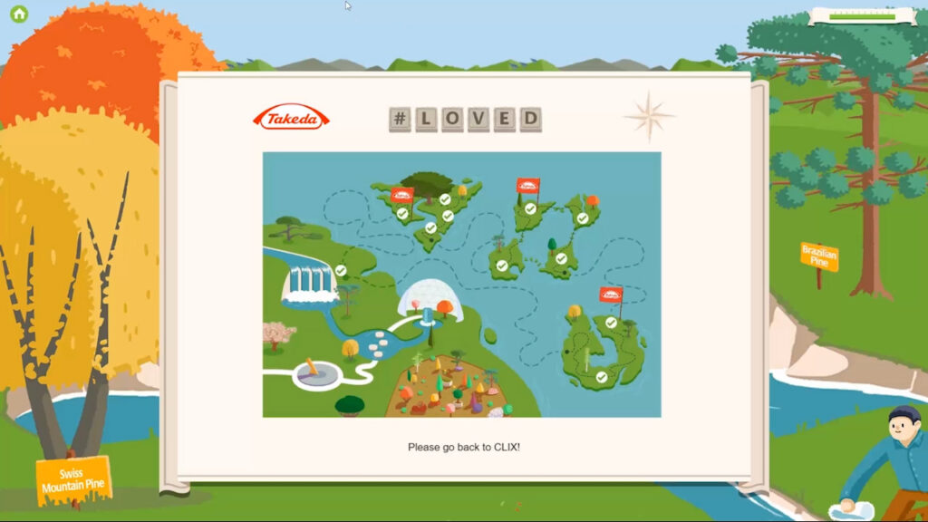 Gamified elearning screen featuring a Takeda-branded world map with islands, pathways, and completed checkpoints marked with ticks and flags. The interface shows progress under the title “#LOVED” and includes illustrated landscape elements such as trees, rivers, and labelled locations. E-learning and gamification.