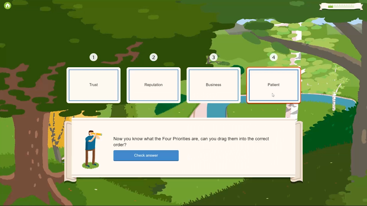 Elearning screen showing a drag-and-drop activity where users arrange four priorities—Trust, Reputation, Business, and Patient—into the correct order. The interface features illustrated forest scenery and a prompt with a “Check answer” button.