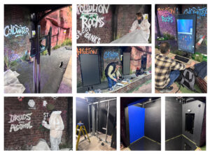 Collage showing the installation of an immersive water safety experience, including graffiti wall artwork, interactive screens, set construction, and team members assembling the environment